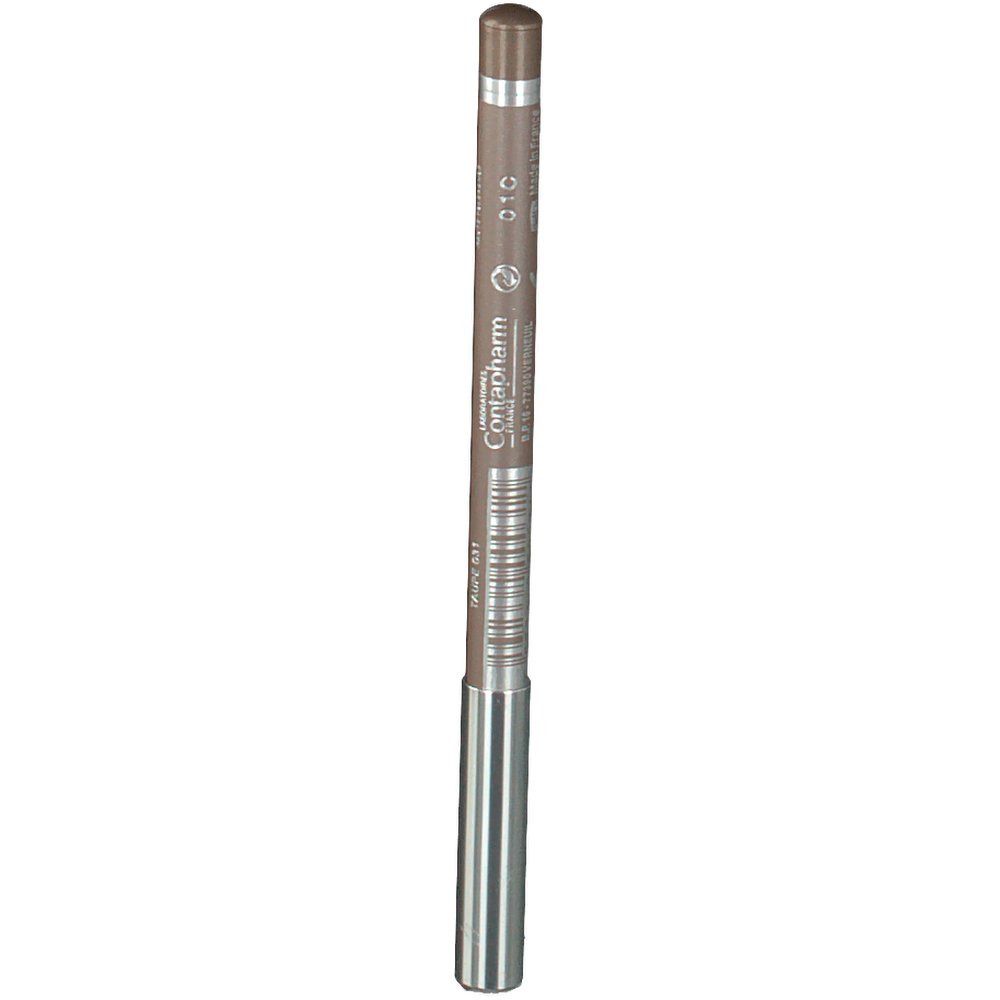 Crayon pour les yeux, taupe. Forme cylindrique. Embout argenté. Texte : Contapharm.
