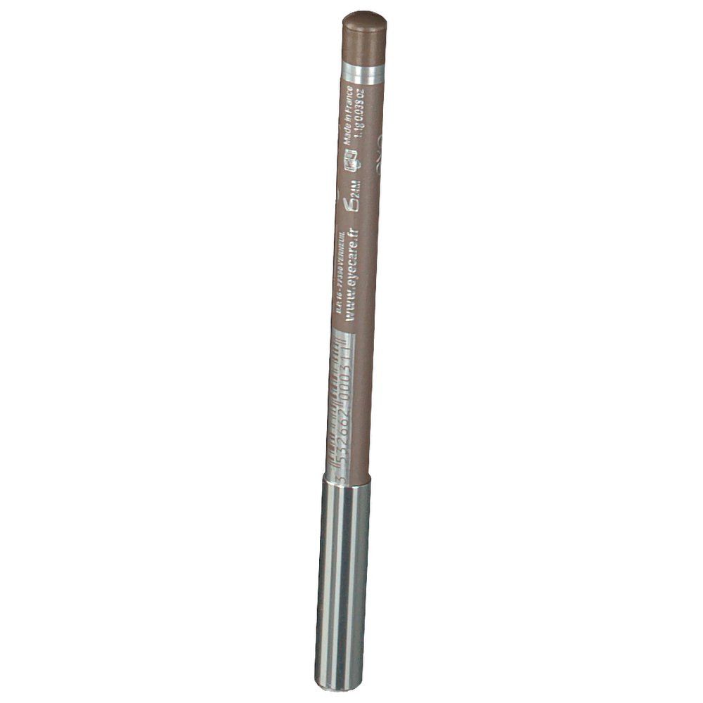 Crayon pour les yeux, taupe. Forme cylindrique. Embout argenté. Texte : eyecare.fr.