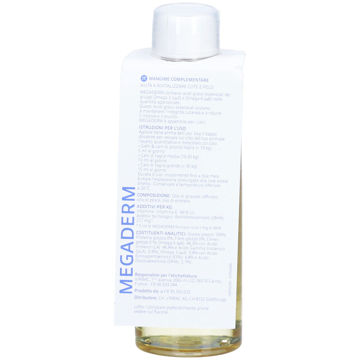 Rückseite einer Flasche mit gelblicher Flüssigkeit. Etikett mit Produktnamen Megaderm und Inhaltsangaben.