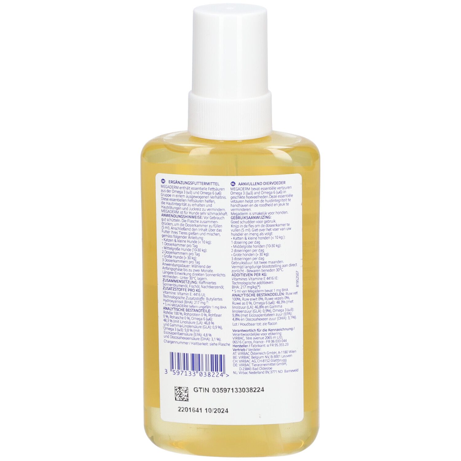 Flasche mit gelblicher Flüssigkeit und Sprühkopf. Etikett mit Produktnamen Megaderm und Inhaltsangaben.