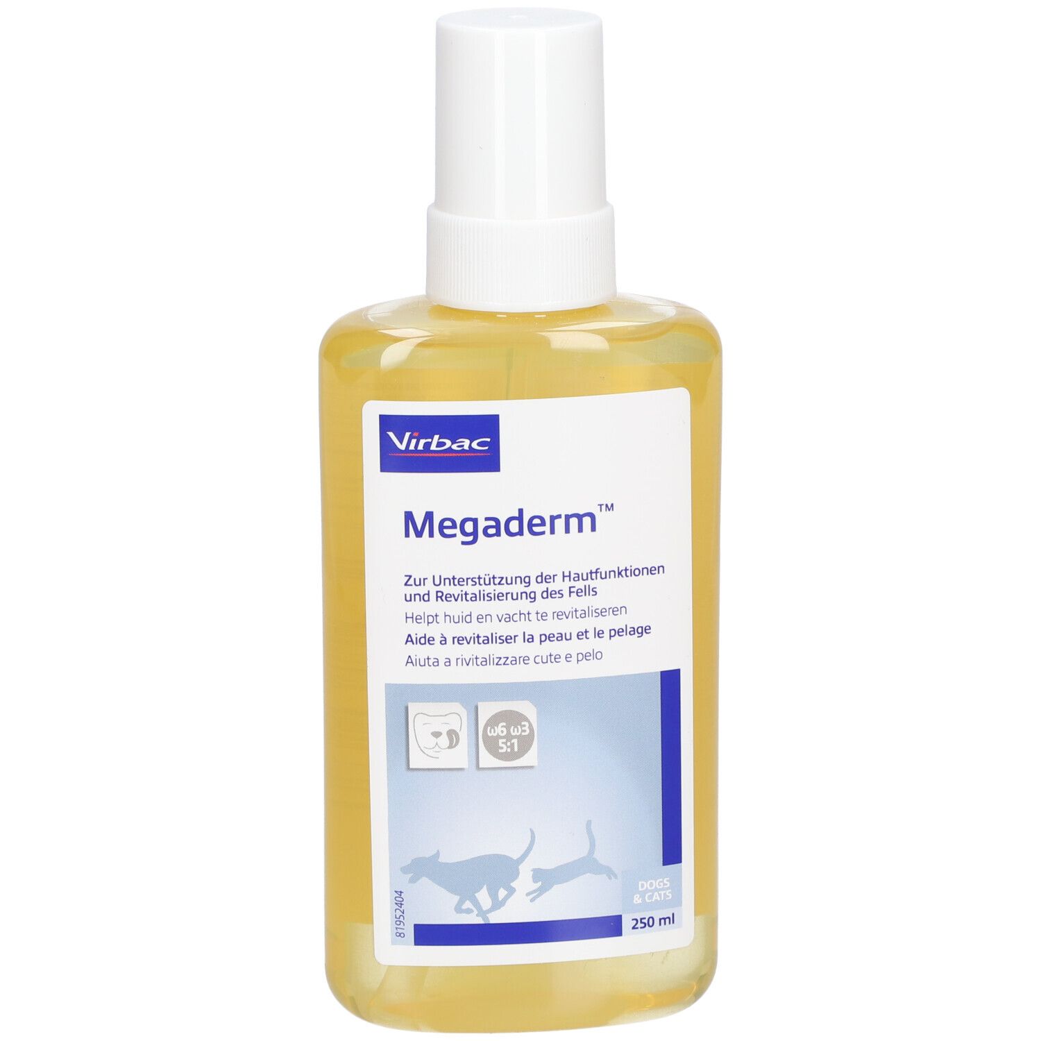 Flasche mit gelblicher Flüssigkeit und Sprühkopf. Etikett mit Produktnamen Megaderm und Virbac-Logo. Für Hunde und Katzen.