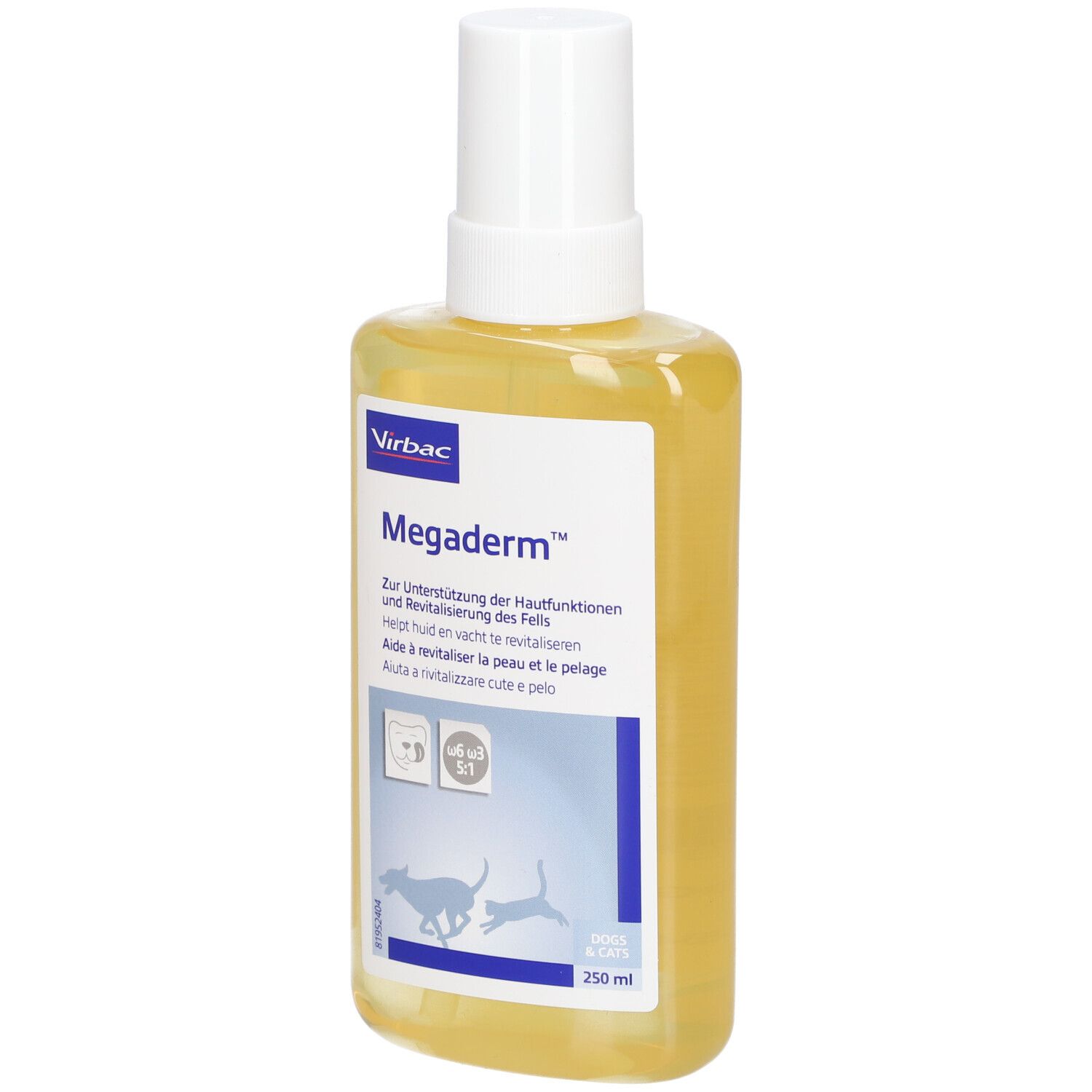Flasche mit gelblicher Flüssigkeit und Sprühkopf. Etikett mit Produktnamen Megaderm und Virbac-Logo. Für Hunde und Katzen.