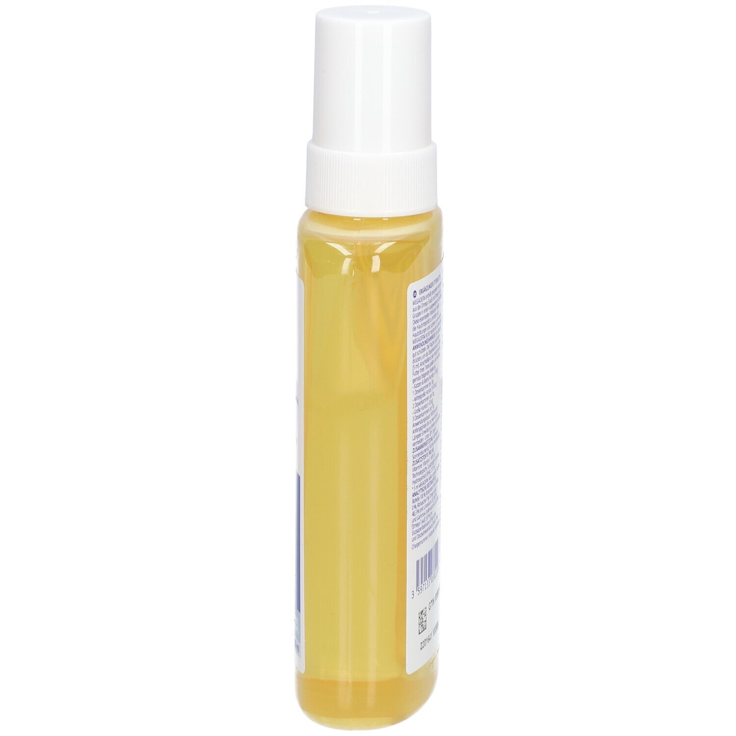 Schmale Flasche mit gelblicher Flüssigkeit und Sprühkopf. Etikett mit Produktinformationen.