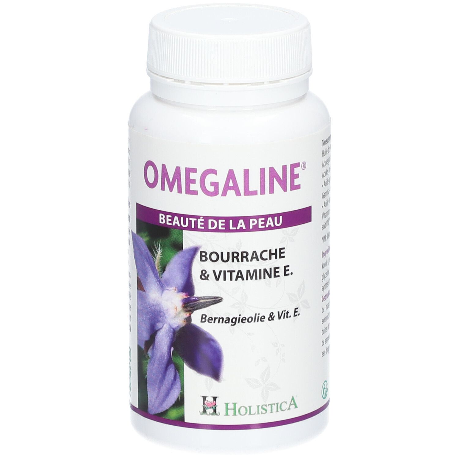 Flacon blanc OMEGALINE®. Inscription: Beauté de la Peau, Bourrache & Vitamine E. Image d'une fleur violette.