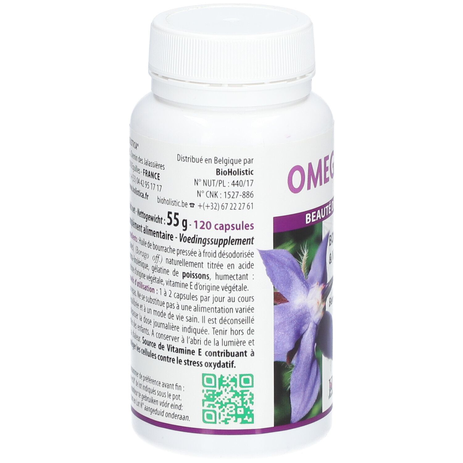 Dos du flacon blanc OMEGALINE®. Informations textuelles, code QR et image d'une fleur.