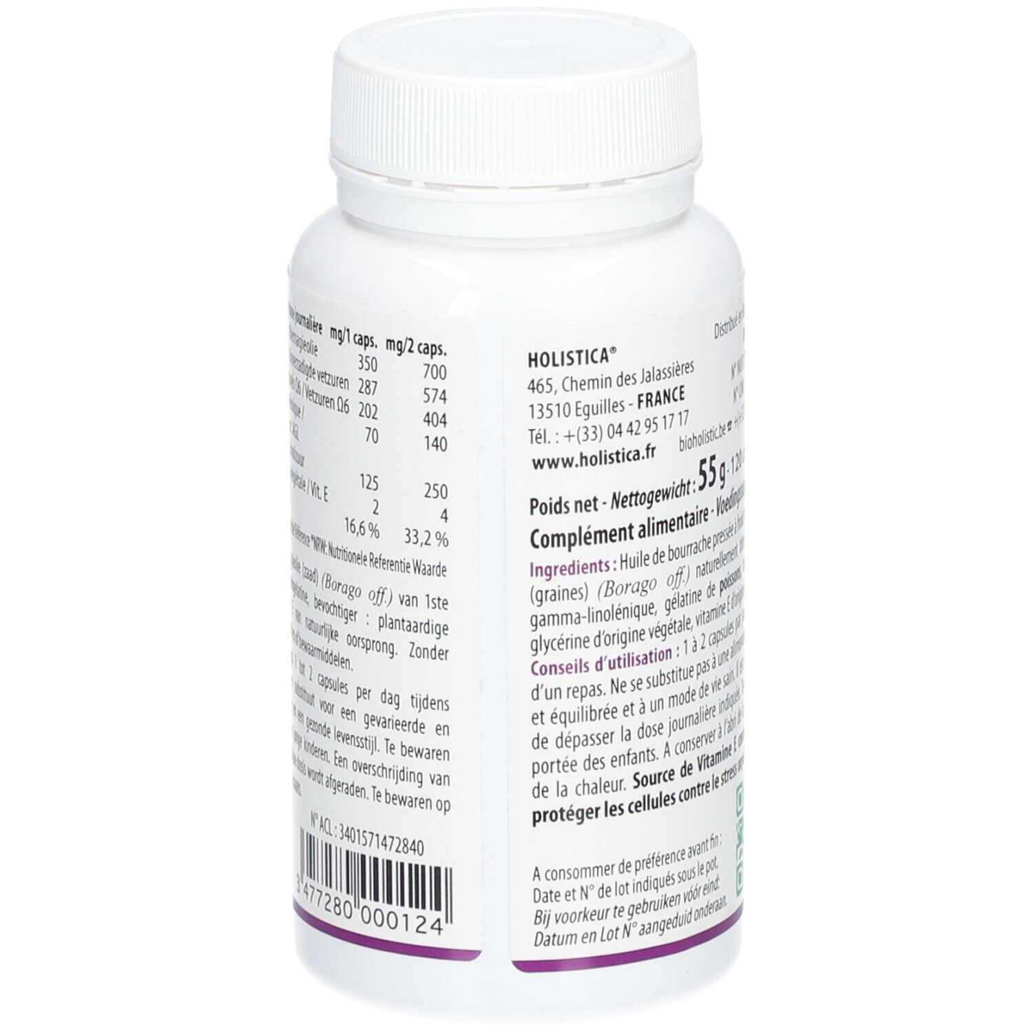 Dos du flacon blanc OMEGALINE®. Informations textuelles, ingrédients et valeurs nutritionnelles.