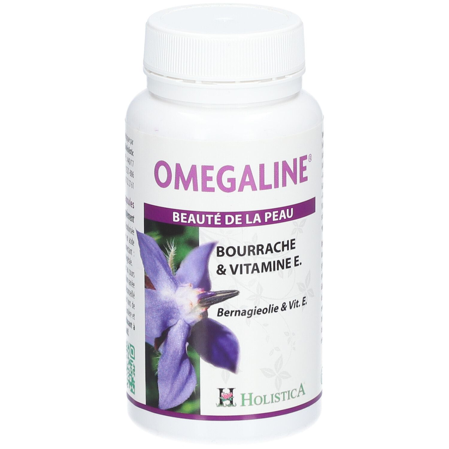 Flacon blanc OMEGALINE®. Inscription: Beauté de la Peau, Bourrache & Vitamine E. Fleur.