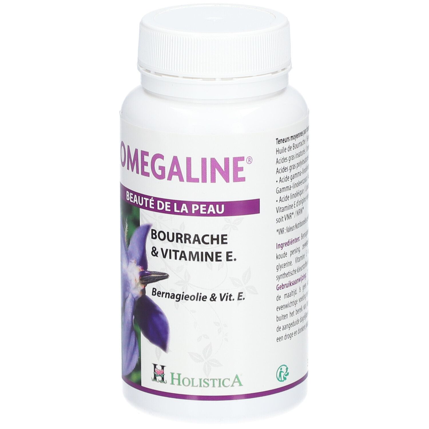 Flacon blanc OMEGALINE®. Inscription: Beauté de la Peau, Bourrache & Vitamine E. Fleur.