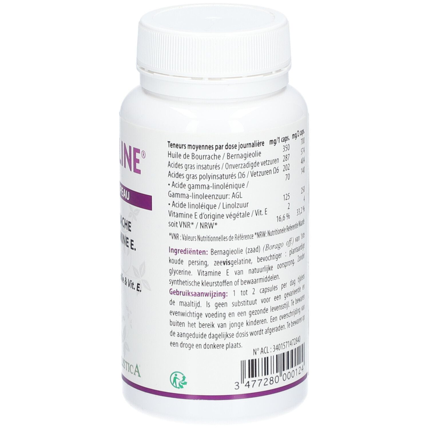 Dos du flacon blanc OMEGALINE®. Informations textuelles, ingrédients et mode d'emploi.