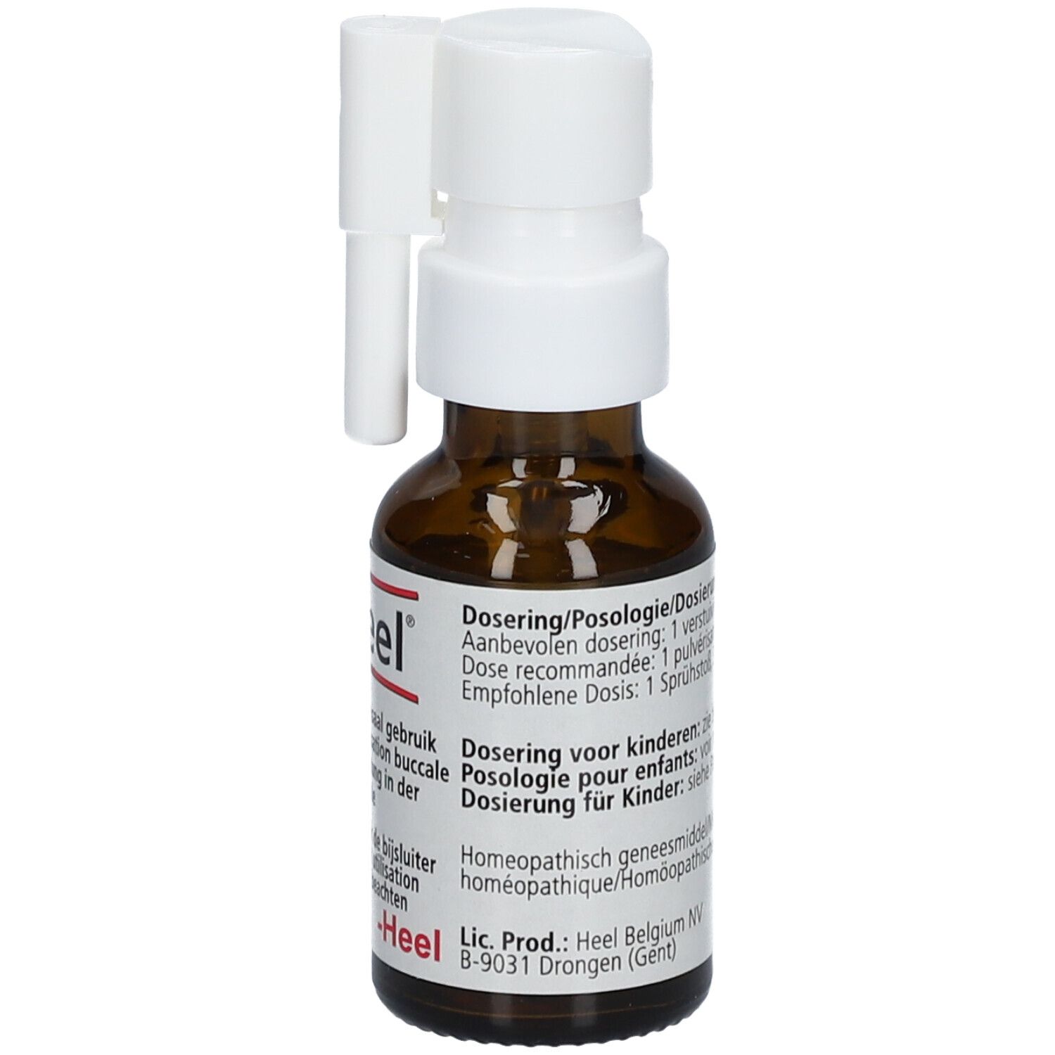 Flacon en verre brun avec pulvérisateur blanc. Étiquette avec informations produit et dosage. Marque Heel.