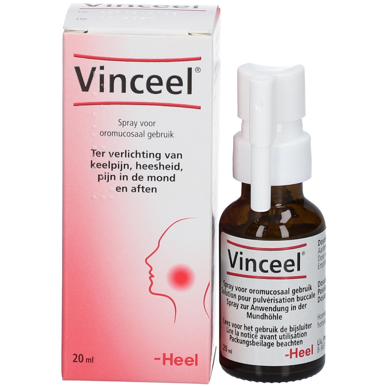Emballage du produit avec flacon et boîte. Nom et texte du produit sur la boîte. Marque Heel.