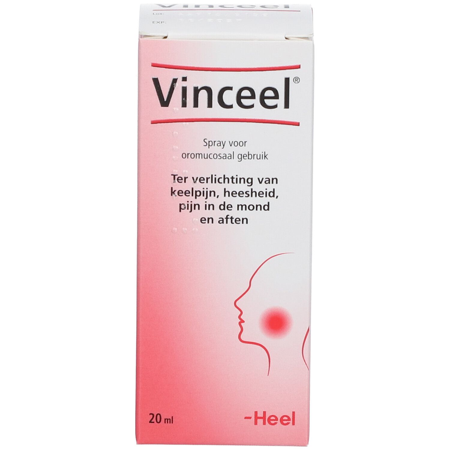 Emballage du produit avec flacon et boîte. Nom et texte du produit sur la boîte. Marque Heel.