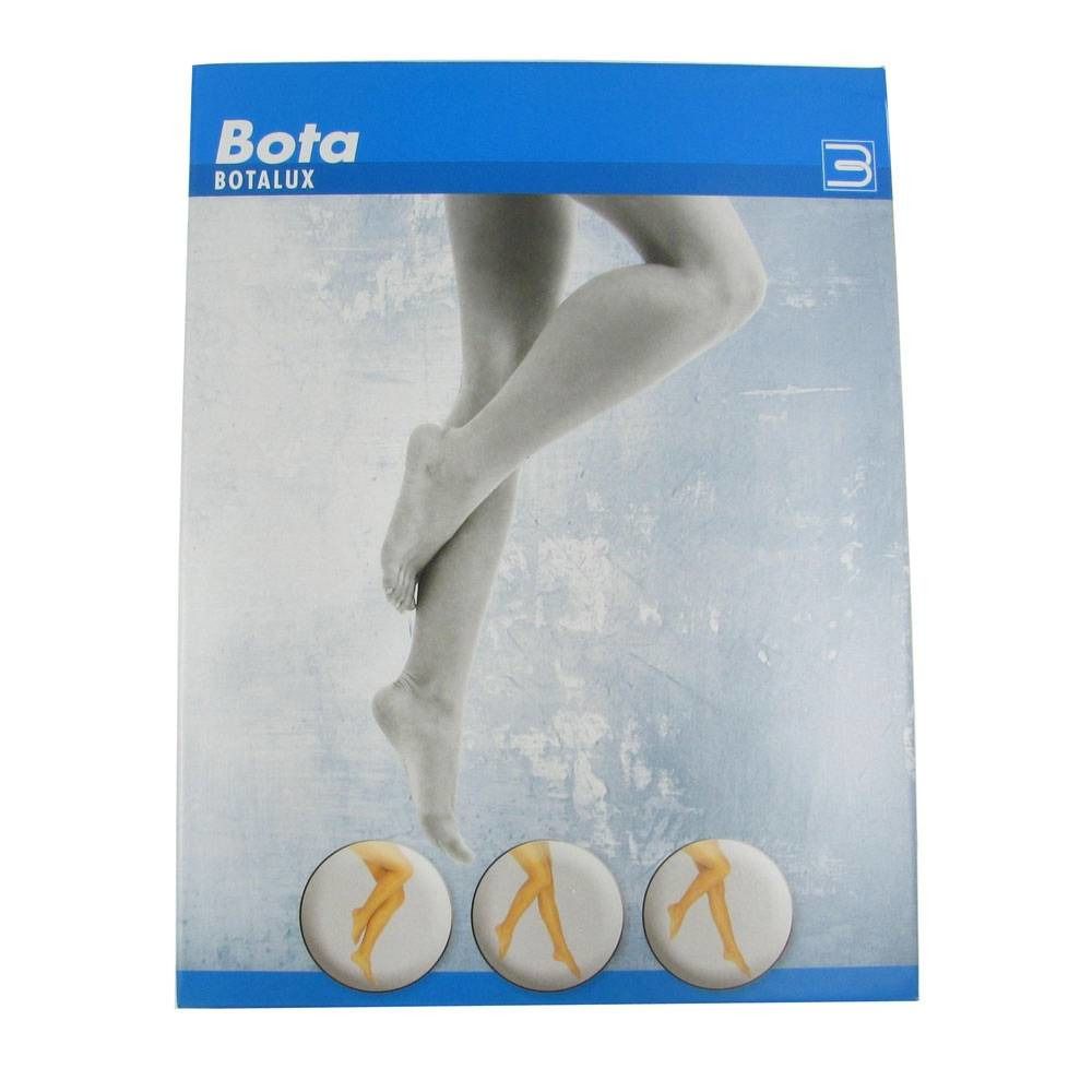Emballage Botalux. Haut bleu, fond blanc avec jambes et trois illustrations rondes du produit.