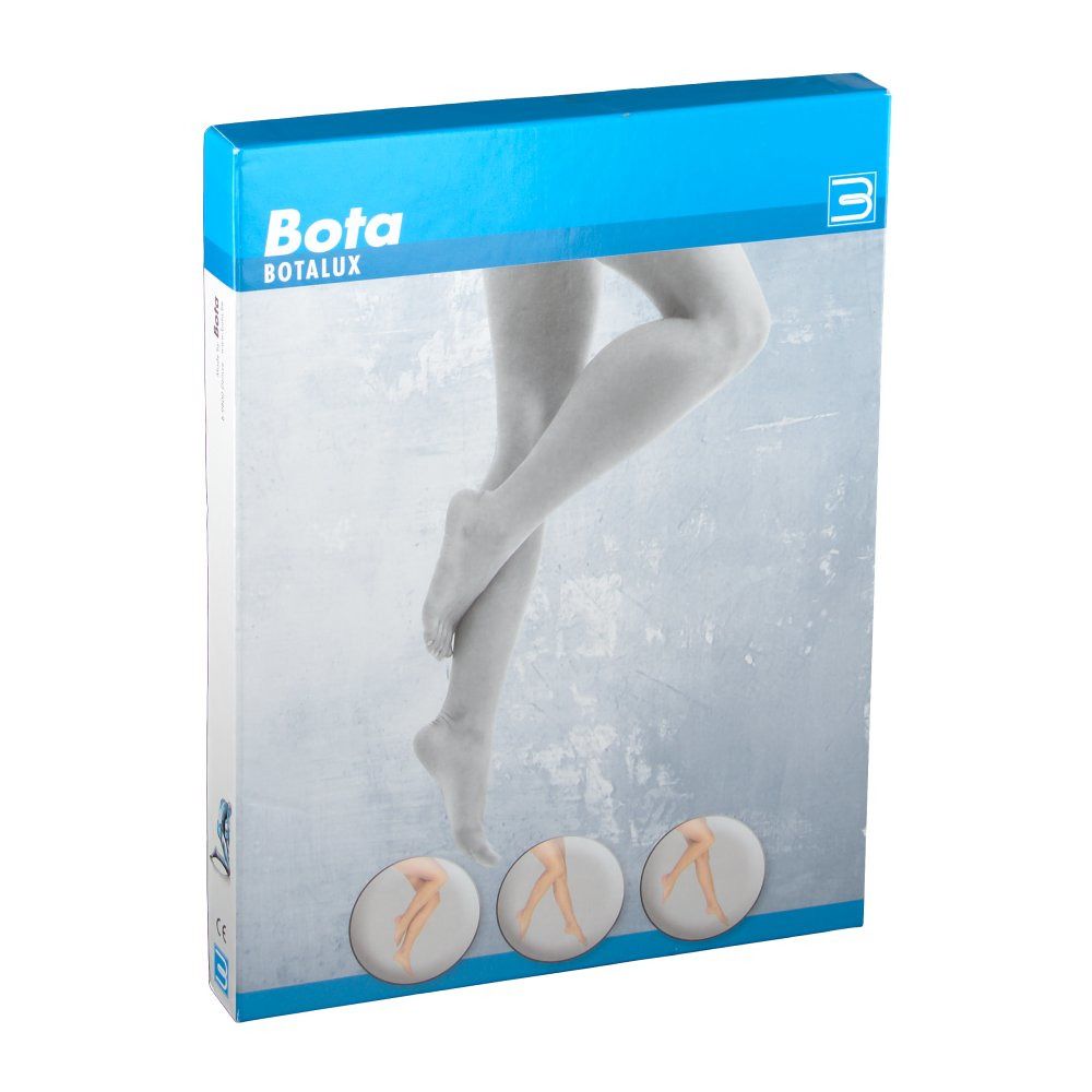 Emballage Botalux. Haut bleu, fond blanc avec jambes et trois illustrations rondes du produit.