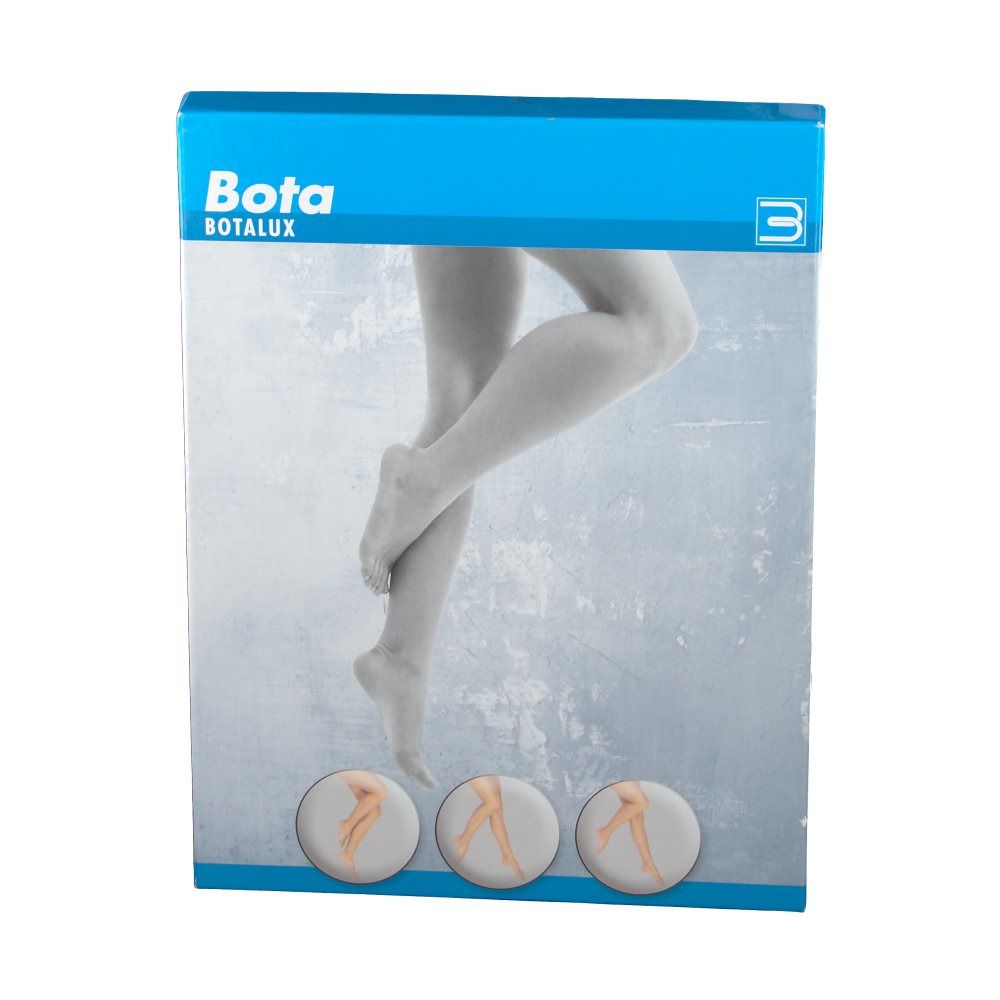 Emballage Botalux. Haut bleu, fond blanc avec jambes et trois illustrations rondes du produit.