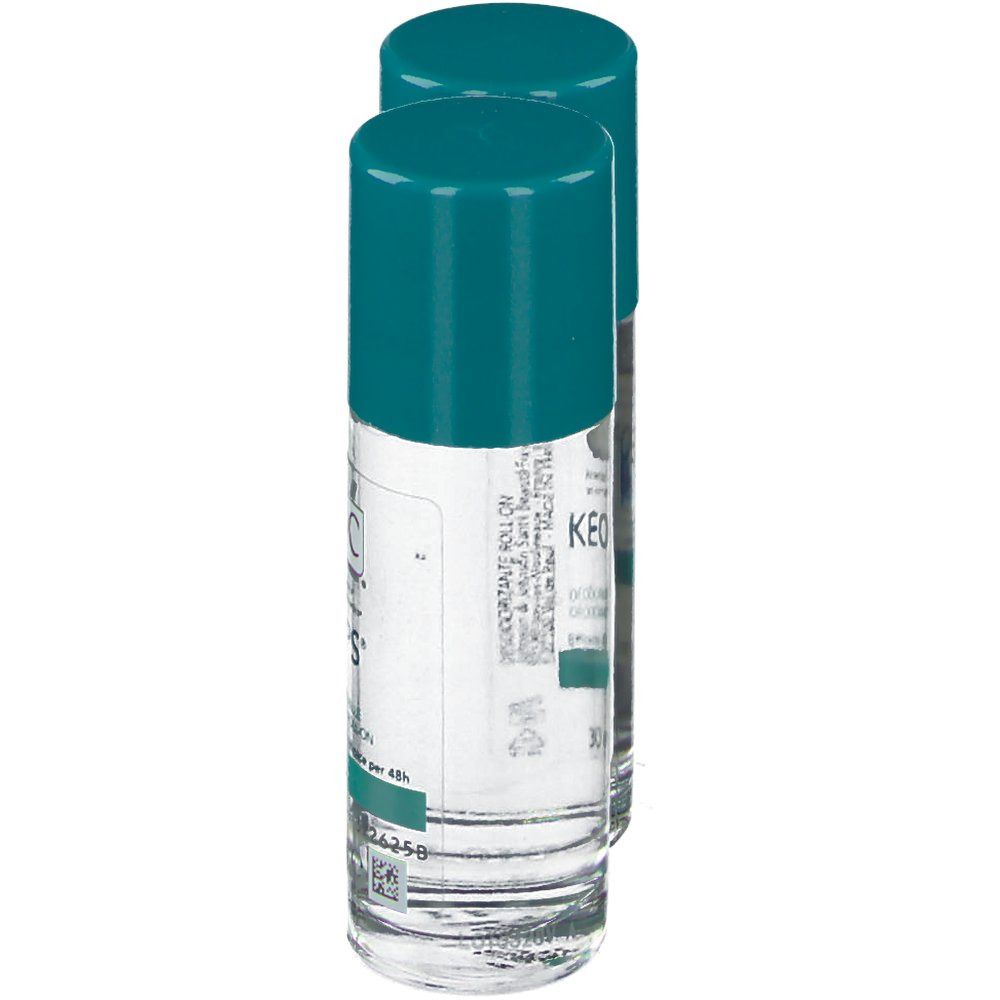 Deux déodorants roll-on avec bouchons turquoise. Liquide clair dans des flacons en verre. Étiquettes avec texte.