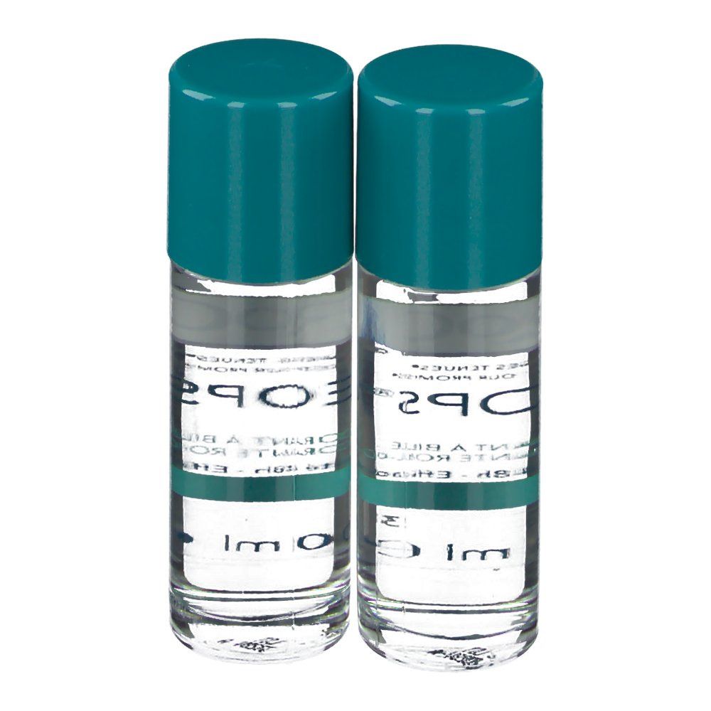 Deux déodorants roll-on avec bouchons turquoise. Liquide clair dans des flacons en verre. Étiquettes avec texte.