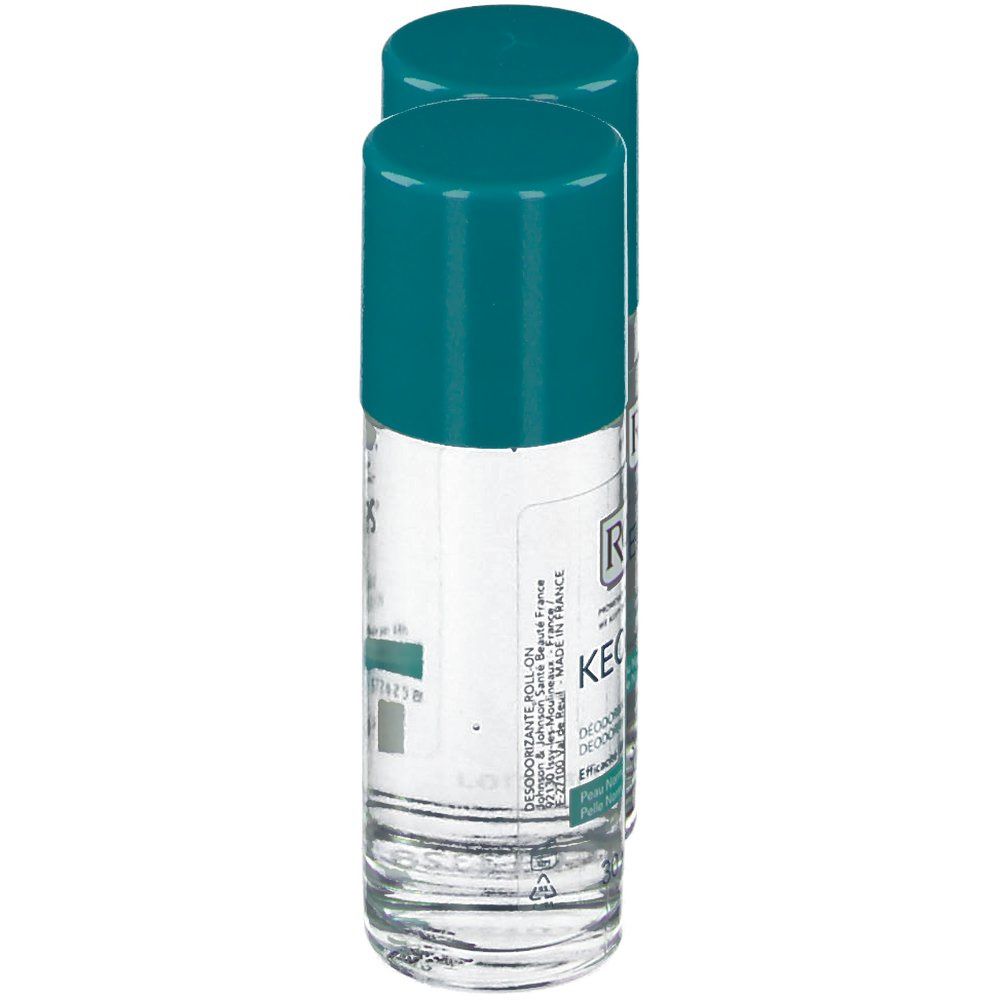 Deux déodorants roll-on avec bouchons turquoise. Liquide clair dans des flacons en verre. Étiquettes avec texte.