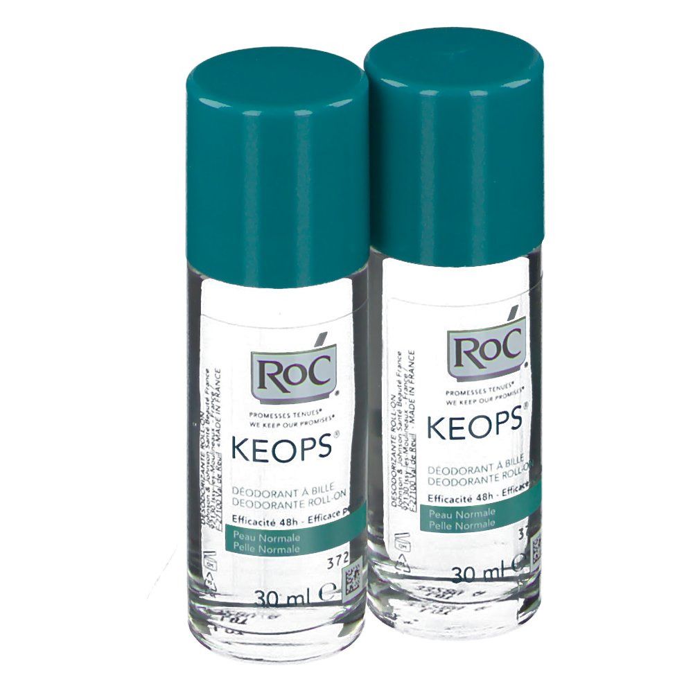 Deux déodorants roll-on avec bouchons turquoise. Inscription RoC Keops. Étiquettes avec informations produit.