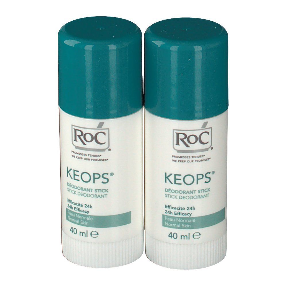 Deux sticks déodorants RoC Keops. Récipient blanc, couvercle bleu. Texte: Keops, Efficacité 24h, 40 ml.