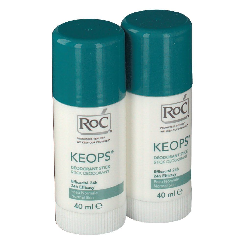 Deux sticks déodorants RoC Keops. Récipient blanc, couvercle bleu. Texte: Keops, Efficacité 24h, 40 ml.