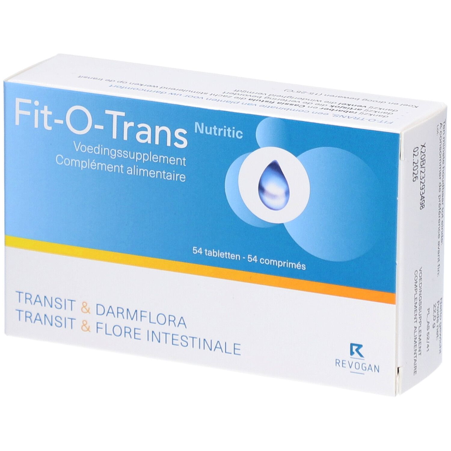 Boîte de complément alimentaire "Fit-O-Trans". Emballage bleu et blanc avec nom et logo du produit. Contient 54 comprimés.