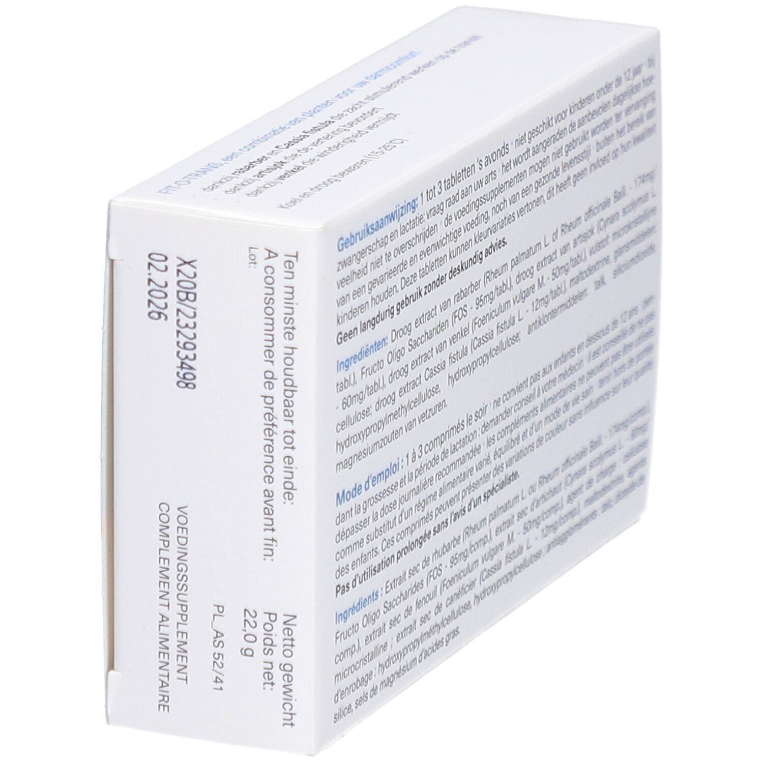 Côté de la boîte "Fit-O-Trans". Texte multilingue, poids net et date de péremption. Emballage blanc.