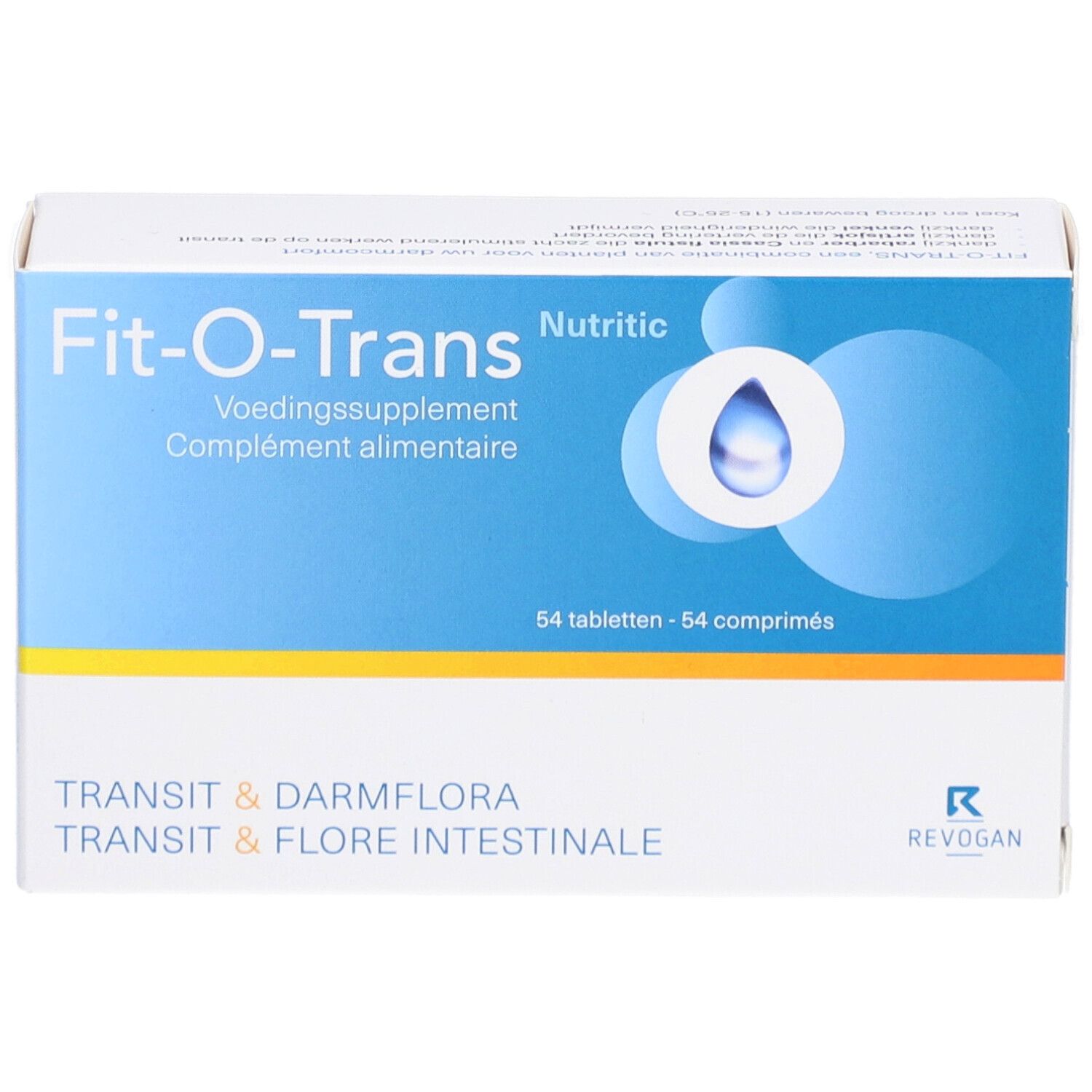 Boîte "Fit-O-Trans" avec nom et logo du produit. Emballage bleu et blanc. Contient 54 comprimés.