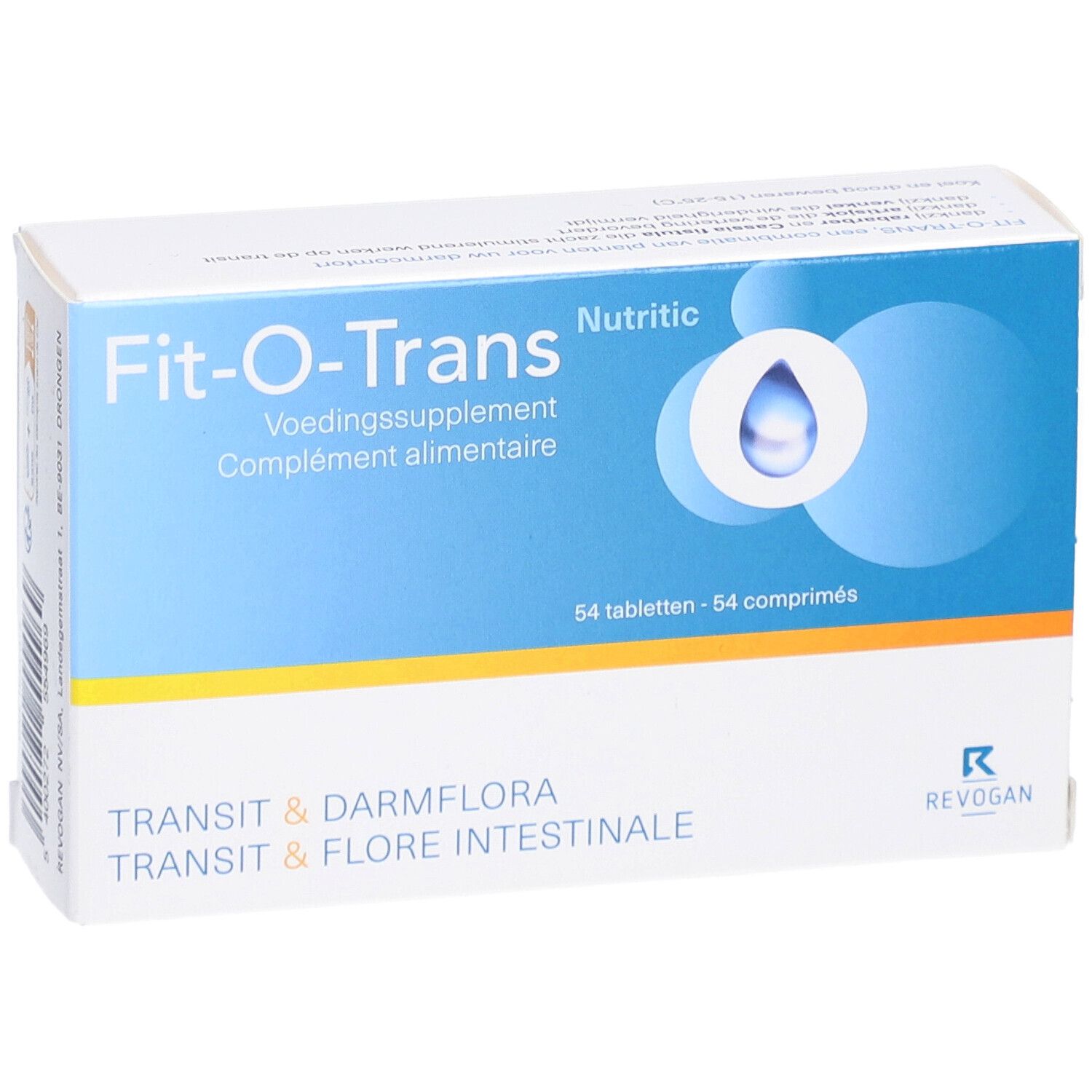 Boîte "Fit-O-Trans" avec nom et logo du produit. Emballage bleu et blanc. Contient 54 comprimés.
