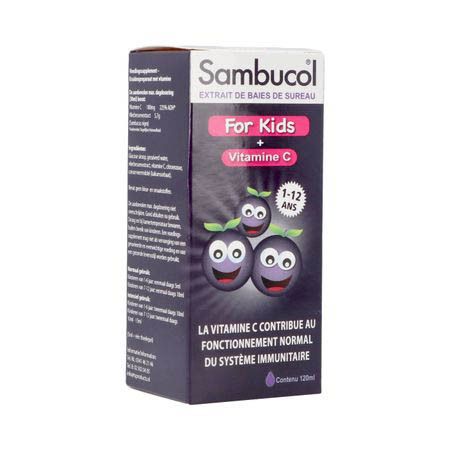 Boîte de complément alimentaire liquide. Inscription : Sambucol, For Kids, Vitamine C. Avec illustrations.