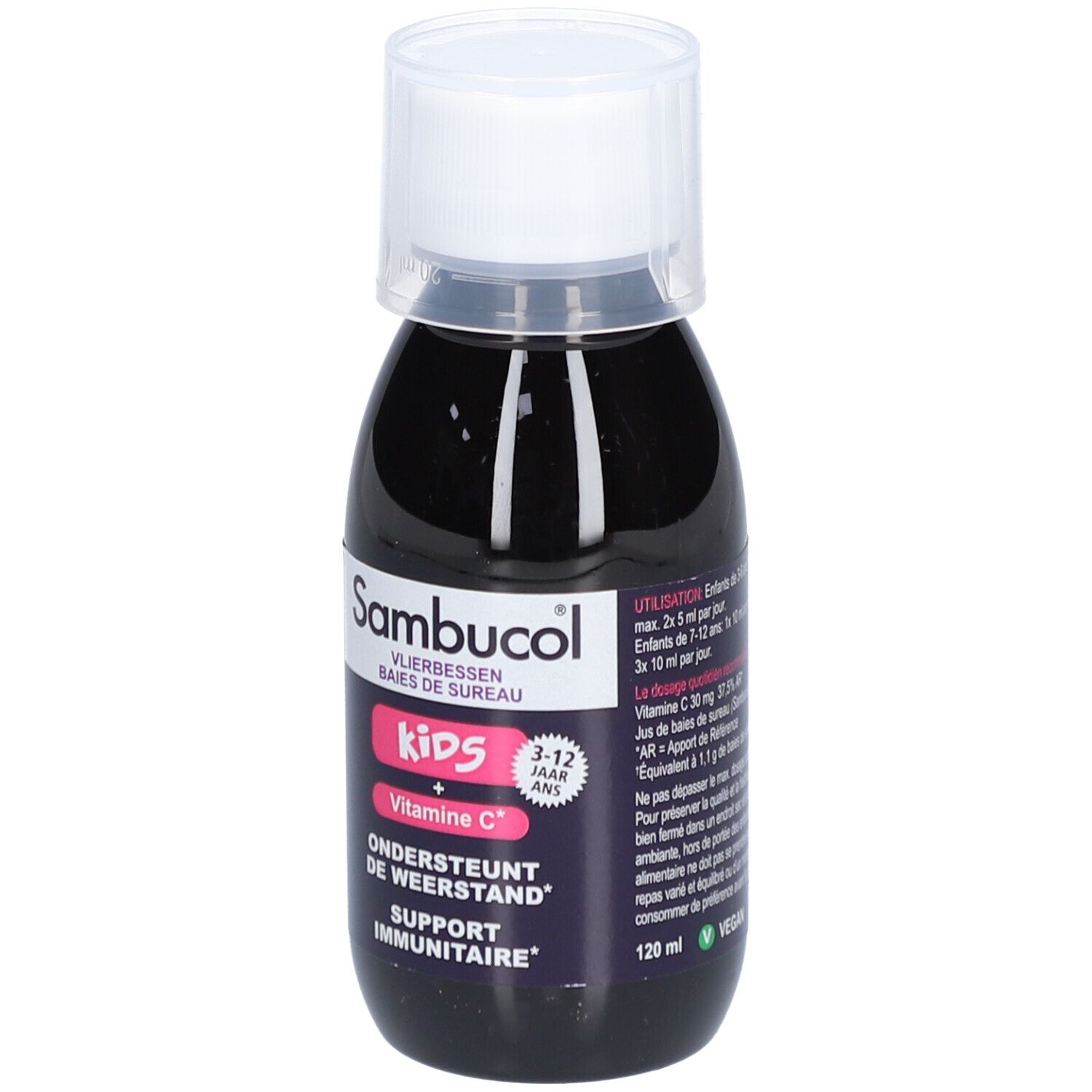 Flüssiges Nahrungsergänzungsmittel in einer Flasche mit weißem Deckel. Aufschrift: Sambucol Kids, Vitamin C.
