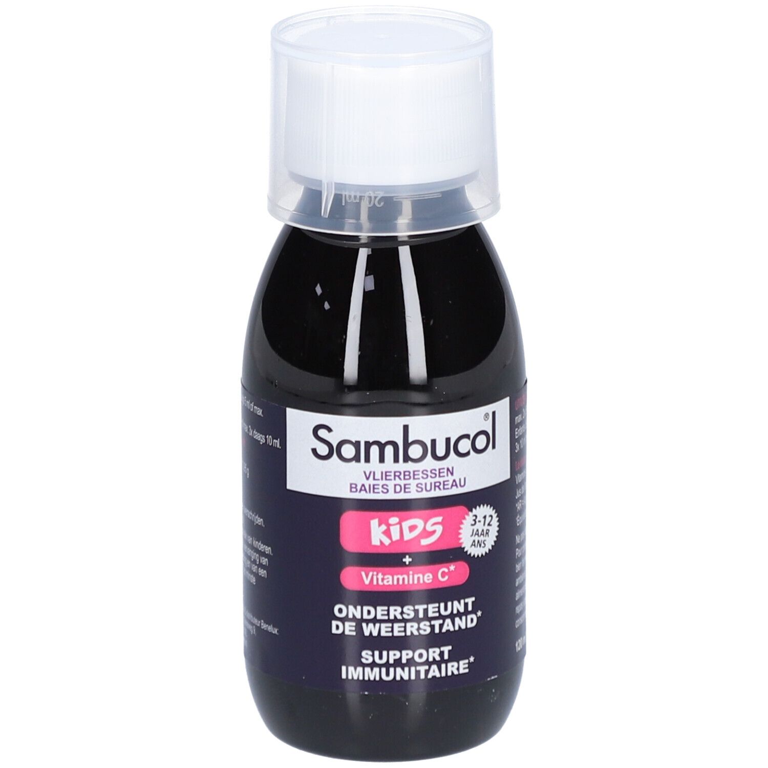 Flüssiges Nahrungsergänzungsmittel in einer Flasche mit weißem Deckel. Aufschrift: Sambucol Kids, Vitamin C.