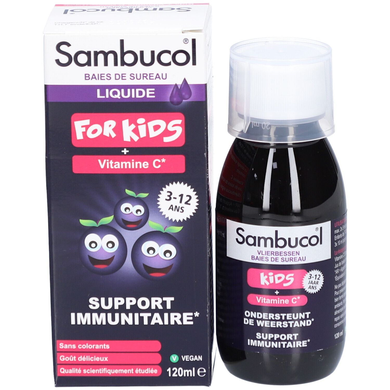 Schachtel und Flasche mit flüssigem Nahrungsergänzungsmittel. Aufschrift: Sambucol, For Kids, Vitamin C. Mit Illustrationen.