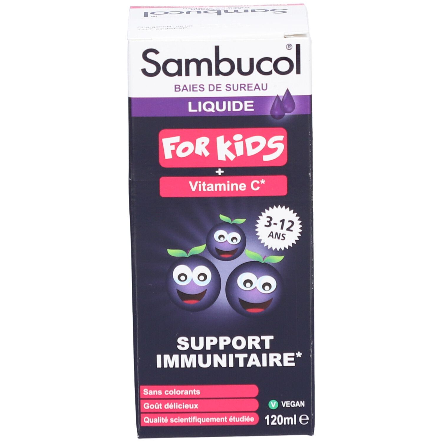Schachtel mit flüssigem Nahrungsergänzungsmittel. Aufschrift: Sambucol, For Kids, Vitamin C. Mit Illustrationen.