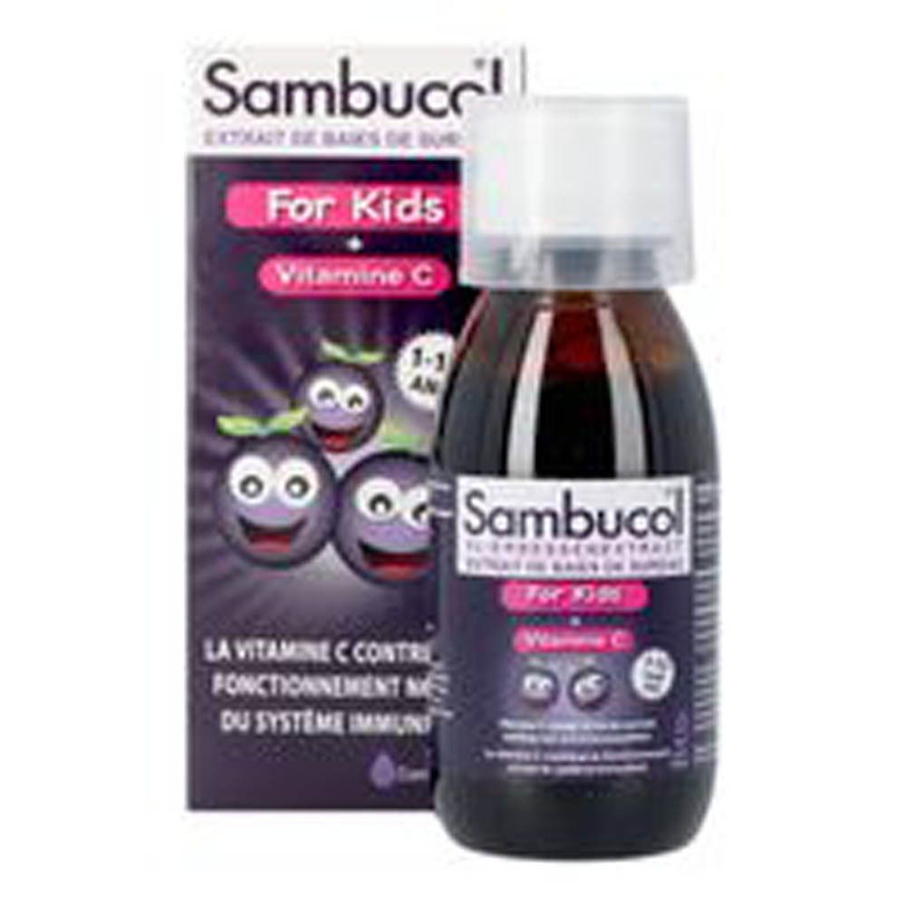 Boîte et flacon de complément alimentaire liquide. Inscription : Sambucol, For Kids, Vitamine C. Avec illustrations.