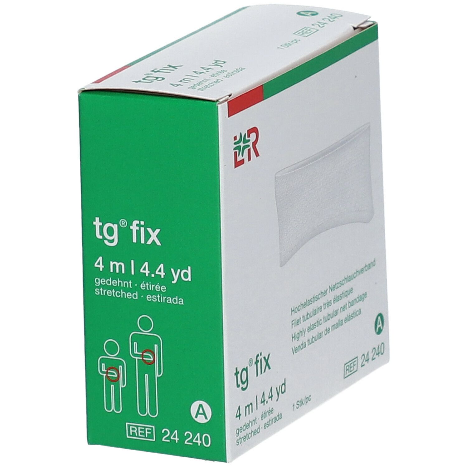 Groene verpakking met witte buisverband. Opschrift: tg fix, 4 m | 4.4 yd, L&R logo. Pictogrammen.