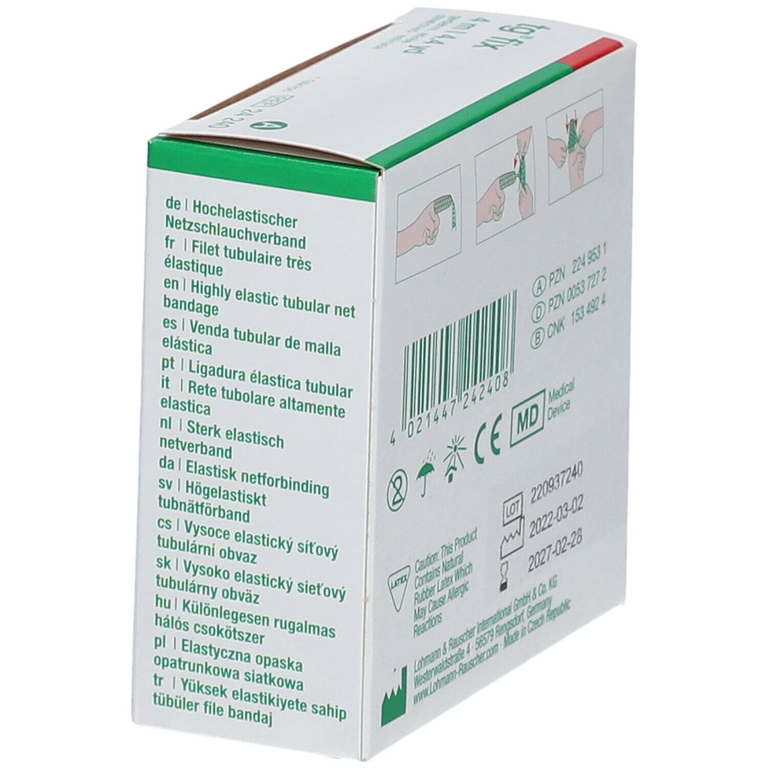 Zijaanzicht van de groene verpakking. Opschrift: tg fix, 4 m | 4.4 yd, PZN, CE-markering, latex waarschuwing, lotnummers.
