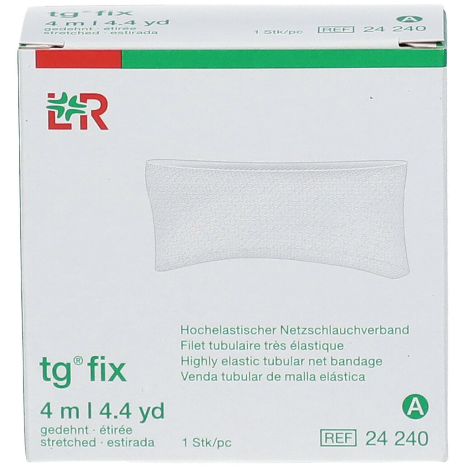 Witte buisverband in witte verpakking. Opschrift: tg fix, 4 m | 4.4 yd, L&R logo.