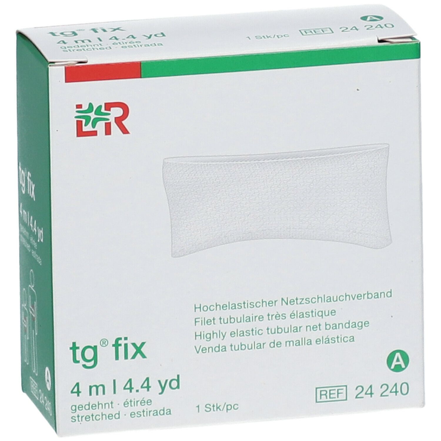 Witte buisverband in groene verpakking. Opschrift: tg fix, 4 m | 4.4 yd, L&R logo.