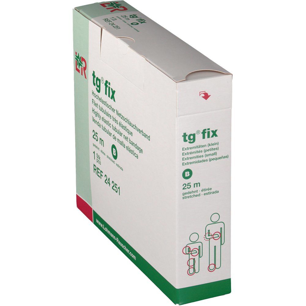 Boîte avec texte tg® fix. Illustrations d'application. Contient 25 m de bandage tubulaire élastique.