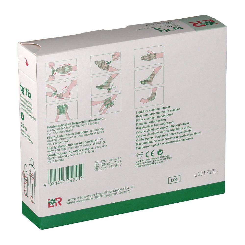 Dos de l'emballage tg® fix. Instructions d'utilisation et informations produit. Marque L&R.