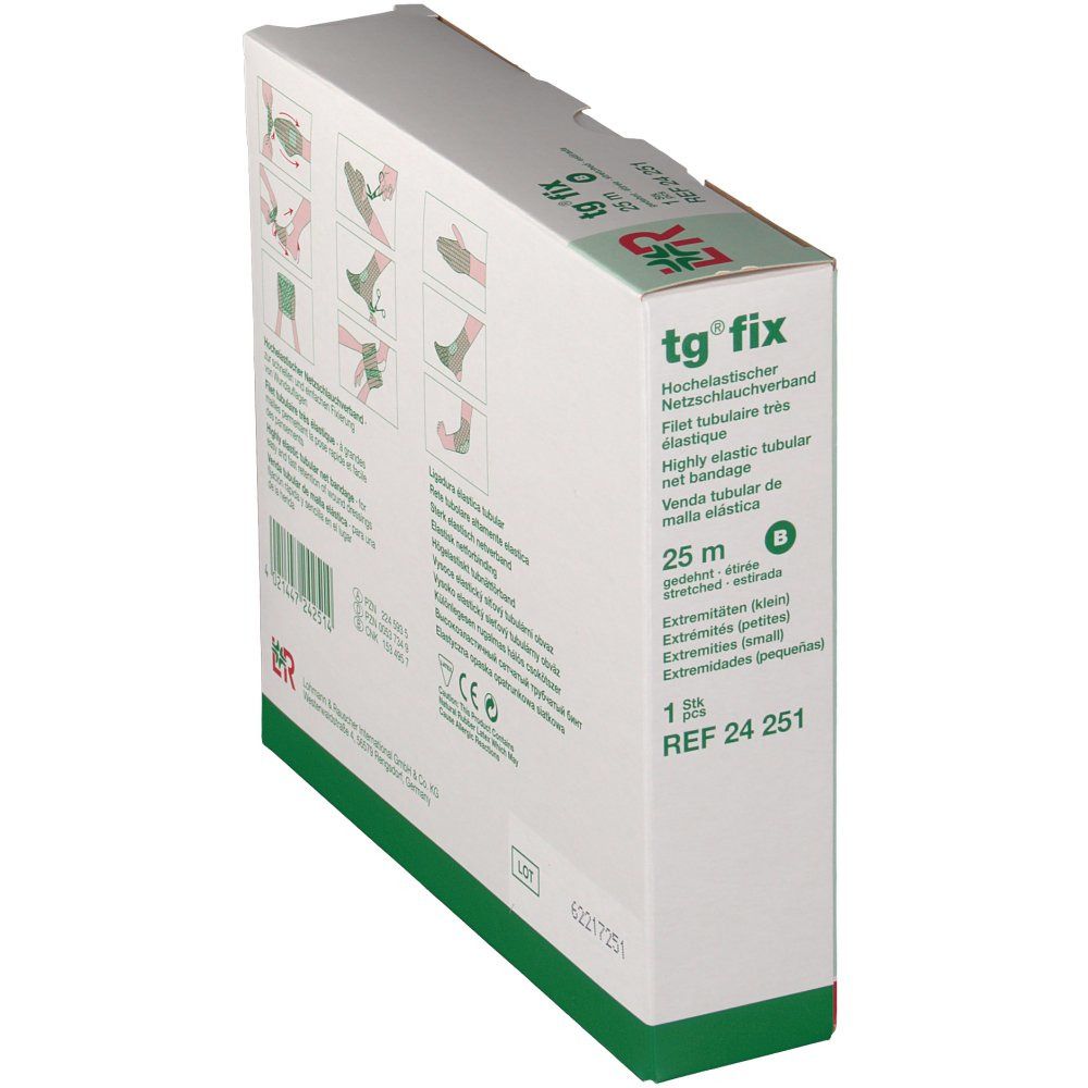 Boîte avec texte tg® fix. Instructions d'utilisation. Contient 25 m de bandage tubulaire élastique. Marque L&R.
