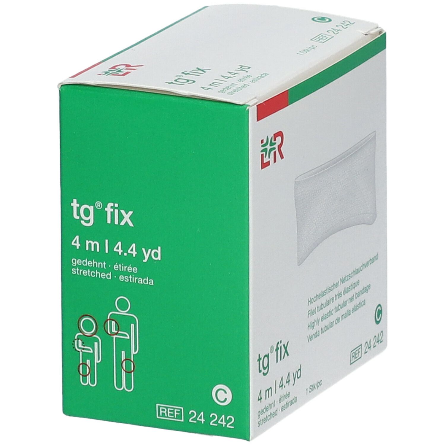 Emballage vert et blanc tg® fix. Inscription: 4 m | 4.4 yd. Représentation d'un bandage en filet. REF 24 242.
