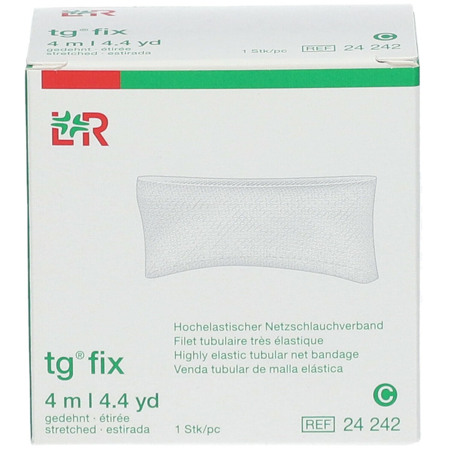 Boîte blanche tg® fix. Inscription: 4 m | 4.4 yd. Bande tubulaire en filet. REF 24 242.