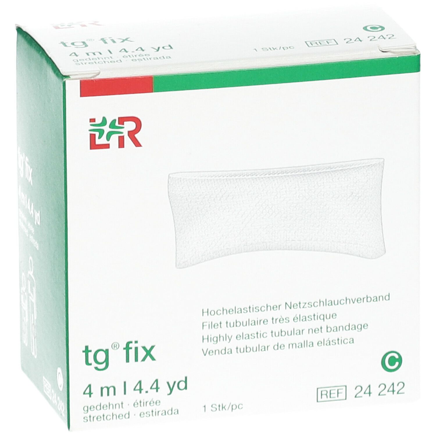 Boîte blanche tg® fix. Inscription: 4 m | 4.4 yd. Bande tubulaire en filet. REF 24 242.