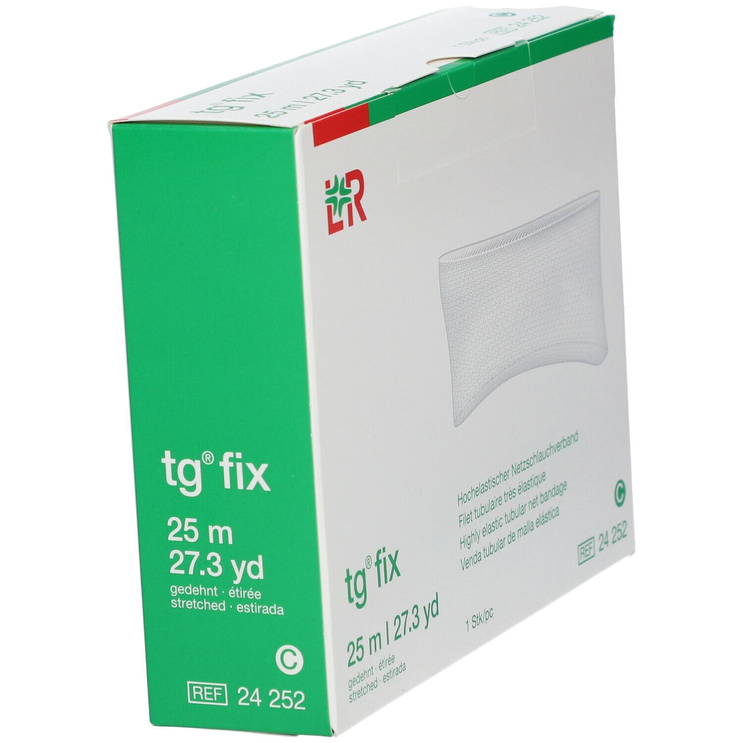 Boîte avec bandage tubulaire tg® fix. Vert et blanc. Texte: 25 m | 27.3 yd, étiré. Logo L&R.