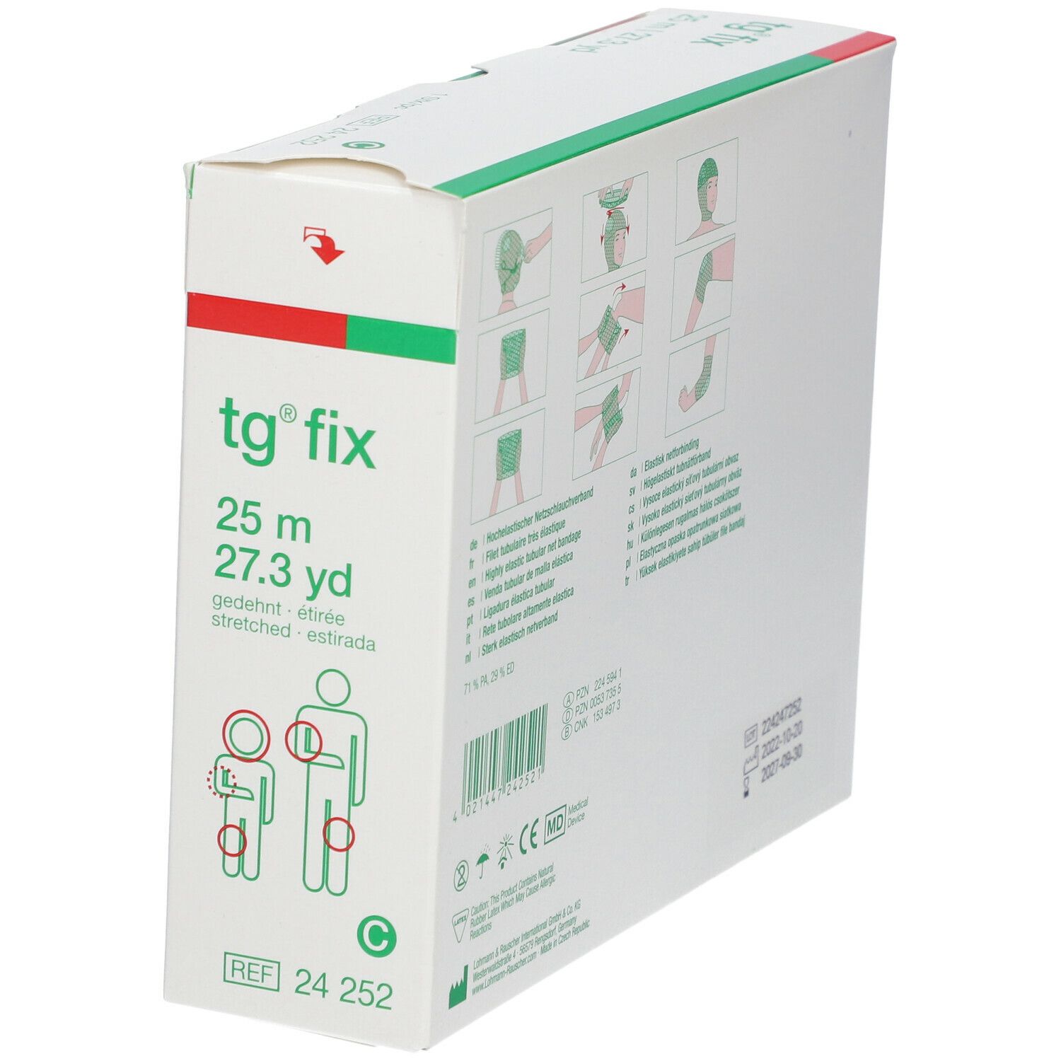Boîte avec bandage tubulaire tg® fix. Illustrations d'application. Texte: 25 m | 27.3 yd. Logo L&R. Marquage CE.