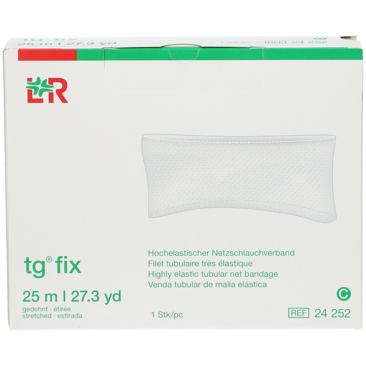 Boîte blanche avec bandage tubulaire tg® fix. Texte: 25 m | 27.3 yd, étiré. Logo L&R. 1 pièce.