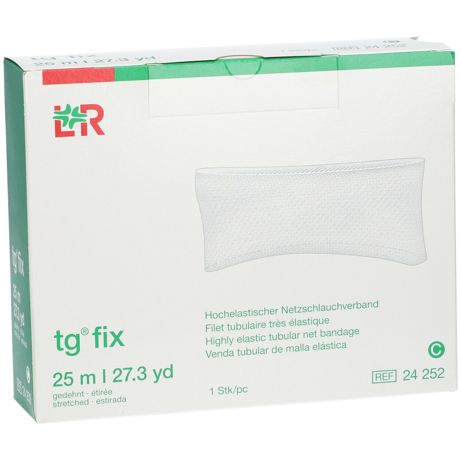 Boîte blanche avec bandage tubulaire tg® fix. Texte: 25 m | 27.3 yd, étiré. Logo L&R. 1 pièce.