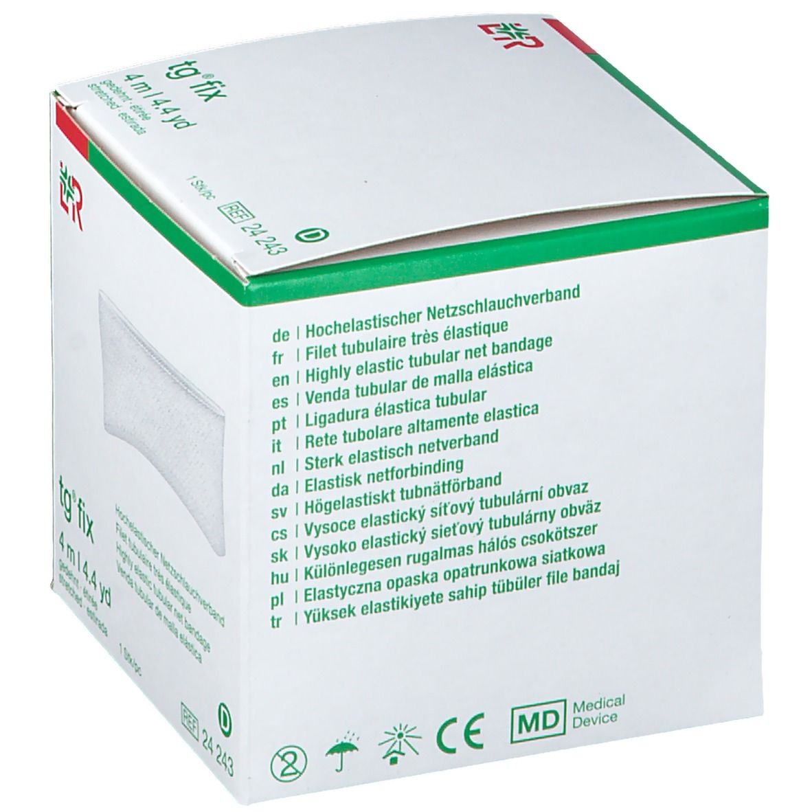 Emballage en carton avec informations produit en plusieurs langues. Le produit est une bande tubulaire élastique.